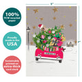 Load image into Gallery viewer, The cover of Tree-Free’s Headed Home Christmas Card card with lines demonstrating its 5x7 dimensions, along with the following text: “100% PCW recycled paper, proudly made in the USA, sustainably printed on extra-thick card stock”