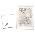 Load image into Gallery viewer, Cover of Just a Thought Away Sympathy card (featuring serif text above artwork of a bird resting on a flower surrounded by butterflies and hearts) and its matching envelope