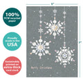 Load image into Gallery viewer, The cover of Tree-Free’s Silver And Gold Christmas card with lines demonstrating its 5x7 dimensions, along with the following text: “100% PCW recycled paper, proudly made in the USA, sustainably printed on extra-thick card stock”