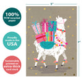 Load image into Gallery viewer, The cover of Tree-Free’s Shama Llama card with lines demonstrating its 5x7 dimensions, along with the following text: “100% PCW recycled paper, proudly made in the USA, sustainably printed on extra-thick card stock”