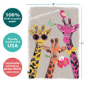 Load image into Gallery viewer, The cover of Tree-Free’s Proud Giraffes card with lines demonstrating its 5x7 dimensions, along with the following text: “100% PCW recycled paper, proudly made in the USA, sustainably printed on extra-thick card stock”
