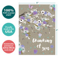 Load image into Gallery viewer, The cover of Tree-Free’s Thoughts And Flowers card with lines demonstrating its 5x7 dimensions, along with the following text: “100% PCW recycled paper, proudly made in the USA, sustainably printed on extra-thick card stock”