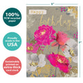 Load image into Gallery viewer, The cover of Tree-Free’s Beautiful Birthday Wishes card with lines demonstrating its 5x7 dimensions, along with the following text: “100% PCW recycled paper, proudly made in the USA, sustainably printed on extra-thick card stock”