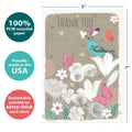 Load image into Gallery viewer, The cover of Tree-Free’s Floral Bird Thanks card with lines demonstrating its 5x7 dimensions, along with the following text: “100% PCW recycled paper, proudly made in the USA, sustainably printed on extra-thick card stock”