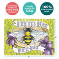 Load image into Gallery viewer, The cover of Tree-Free’s Bee-Day card with lines demonstrating its 5x7 dimensions, along with the following text: “100% PCW recycled paper, proudly made in the USA, sustainably printed on extra-thick card stock”