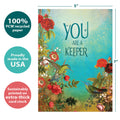 Load image into Gallery viewer, The cover of Tree-Free’s Keeper Anniversary card with lines demonstrating its 5x7 dimensions, along with the following text: “100% PCW recycled paper, proudly made in the USA, sustainably printed on extra-thick card stock”
