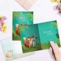 Load image into Gallery viewer, The inside of Tree-Free’s Deep Woods Thoughts card, with the cover and envelope in the background.