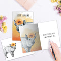 Load image into Gallery viewer, The inside of Tree-Free’s Hello Sunshine card, with the cover and envelope in the background.