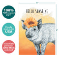 Load image into Gallery viewer, The cover of Tree-Free’s Hello Sunshine card with lines demonstrating its 5x7 dimensions, along with the following text: “100% PCW recycled paper, proudly made in the USA, sustainably printed on extra-thick card stock”