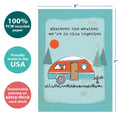 Load image into Gallery viewer, The cover of Tree-Free’s How We Roll card with lines demonstrating its 5x7 dimensions, along with the following text: “100% PCW recycled paper, proudly made in the USA, sustainably printed on extra-thick card stock”