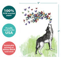 Load image into Gallery viewer, The cover of Tree-Free’s Howl With Joy card with lines demonstrating its 5x7 dimensions, along with the following text: “100% PCW recycled paper, proudly made in the USA, sustainably printed on extra-thick card stock”