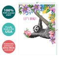 Load image into Gallery viewer, The cover of Tree-Free’s Let's Hang Love Card card with lines demonstrating its 5x7 dimensions, along with the following text: “100% PCW recycled paper, proudly made in the USA, sustainably printed on extra-thick card stock”