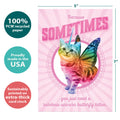 Load image into Gallery viewer, The cover of Tree-Free’s Rainbow Unicorn card with lines demonstrating its 5x7 dimensions, along with the following text: “100% PCW recycled paper, proudly made in the USA, sustainably printed on extra-thick card stock”