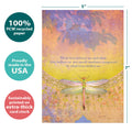 Load image into Gallery viewer, The cover of Tree-Free’s What Lies Behind card with lines demonstrating its 5x7 dimensions, along with the following text: “100% PCW recycled paper, proudly made in the USA, sustainably printed on extra-thick card stock”