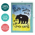 Load image into Gallery viewer, The cover of Tree-Free’s Soft Tacos card with lines demonstrating its 5x7 dimensions, along with the following text: “100% PCW recycled paper, proudly made in the USA, sustainably printed on extra-thick card stock”