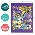 Load image into Gallery viewer, The cover of Tree-Free’s Elegant Honey Bees card with lines demonstrating its 5x7 dimensions, along with the following text: “100% PCW recycled paper, proudly made in the USA, sustainably printed on extra-thick card stock”