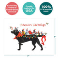 Load image into Gallery viewer, The cover of Tree-Free’s Bird Dog Christmas Christmas Card card with lines demonstrating its 5x7 dimensions, along with the following text: “100% PCW recycled paper, proudly made in the USA, sustainably printed on extra-thick card stock”