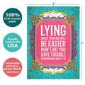 Load image into Gallery viewer, The cover of Tree-Free’s Lying About It card with lines demonstrating its 5x7 dimensions, along with the following text: “100% PCW recycled paper, proudly made in the USA, sustainably printed on extra-thick card stock”