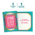Load image into Gallery viewer, The cover and inside of Tree-Free’s Lying About It card, along with the following text: “1 greeting card, 1 matching envelope”