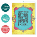 Load image into Gallery viewer, The cover of Tree-Free’s Wink Emoji Birthday card with lines demonstrating its 5x7 dimensions, along with the following text: “100% PCW recycled paper, proudly made in the USA, sustainably printed on extra-thick card stock”