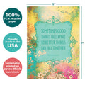 Load image into Gallery viewer, The cover of Tree-Free’s Better Things Support Card card with lines demonstrating its 5x7 dimensions, along with the following text: “100% PCW recycled paper, proudly made in the USA, sustainably printed on extra-thick card stock”