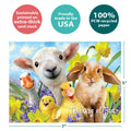 Load image into Gallery viewer, The cover of Tree-Free’s Easter Selfie card with lines demonstrating its 5x7 dimensions, along with the following text: “100% PCW recycled paper, proudly made in the USA, sustainably printed on extra-thick card stock”