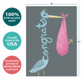Load image into Gallery viewer, The cover of Tree-Free’s Congrats Stork card with lines demonstrating its 5x7 dimensions, along with the following text: “100% PCW recycled paper, proudly made in the USA, sustainably printed on extra-thick card stock”