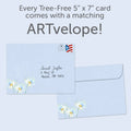 Load image into Gallery viewer, The envelope for Tree-Free’s Daisies On Blue card, along with the following text: “Every Tree-Free 5x7 card comes with a matching ARTvelope!”
