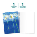 Load image into Gallery viewer, The cover and inside of Tree-Free’s Daisies On Blue All Occasion Card card, along with the following text: “1 greeting card, 1 matching envelope”