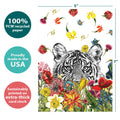 Load image into Gallery viewer, The cover of Tree-Free’s White Tiger Flowers card with lines demonstrating its 5x7 dimensions, along with the following text: “100% PCW recycled paper, proudly made in the USA, sustainably printed on extra-thick card stock”
