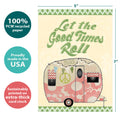 Load image into Gallery viewer, The cover of Tree-Free’s Hippie Camper card with lines demonstrating its 5x7 dimensions, along with the following text: “100% PCW recycled paper, proudly made in the USA, sustainably printed on extra-thick card stock”