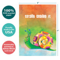 Load image into Gallery viewer, The cover of Tree-Free’s Snailed It card with lines demonstrating its 5x7 dimensions, along with the following text: “100% PCW recycled paper, proudly made in the USA, sustainably printed on extra-thick card stock”