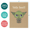 Load image into Gallery viewer, The cover of Tree-Free’s Yoda Best Thank You Card card with lines demonstrating its 5x7 dimensions, along with the following text: “100% PCW recycled paper, proudly made in the USA, sustainably printed on extra-thick card stock”