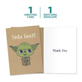 Load image into Gallery viewer, The cover and inside of Tree-Free’s Yoda Best Thank You Card card, along with the following text: “1 greeting card, 1 matching envelope”
