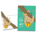 Load image into Gallery viewer, The cover of Tree-Free's Slow Sloth Birthday card, along with its matching envelope.