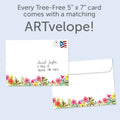 Load image into Gallery viewer, The envelope for Tree-Free’s Purple Flower Birthday card, along with the following text: “Every Tree-Free 5x7 card comes with a matching ARTvelope!”