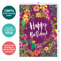 Load image into Gallery viewer, The cover of Tree-Free’s Purple Flower Birthday card with lines demonstrating its 5x7 dimensions, along with the following text: “100% PCW recycled paper, proudly made in the USA, sustainably printed on extra-thick card stock”