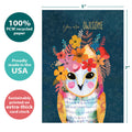 Load image into Gallery viewer, The cover of Tree-Free’s You Are Owlsome Friendship Card card with lines demonstrating its 5x7 dimensions, along with the following text: “100% PCW recycled paper, proudly made in the USA, sustainably printed on extra-thick card stock”