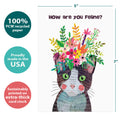 Load image into Gallery viewer, The cover of Tree-Free’s Purrrfect Self Get Well Card card with lines demonstrating its 5x7 dimensions, along with the following text: “100% PCW recycled paper, proudly made in the USA, sustainably printed on extra-thick card stock”