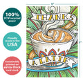 Load image into Gallery viewer, The cover of Tree-Free’s Thanks A Latte Thank You Card card with lines demonstrating its 5x7 dimensions, along with the following text: “100% PCW recycled paper, proudly made in the USA, sustainably printed on extra-thick card stock”