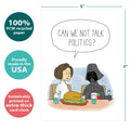 Load image into Gallery viewer, The cover of Tree-Free’s Use The Forks card with lines demonstrating its 5x7 dimensions, along with the following text: “100% PCW recycled paper, proudly made in the USA, sustainably printed on extra-thick card stock”