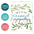 Load image into Gallery viewer, The cover of Tree-Free’s Deepest Sympathy Card card with lines demonstrating its 5x7 dimensions, along with the following text: “100% PCW recycled paper, proudly made in the USA, sustainably printed on extra-thick card stock”