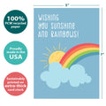 Load image into Gallery viewer, The cover of Tree-Free’s Sunshine And Rainbows card with lines demonstrating its 5x7 dimensions, along with the following text: “100% PCW recycled paper, proudly made in the USA, sustainably printed on extra-thick card stock”