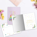 Load image into Gallery viewer, The inside of Tree-Free’s Let's Eat Cake card, with the cover and envelope in the background.