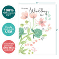 Load image into Gallery viewer, The cover of Tree-Free’s Happy Time Wedding Card card with lines demonstrating its 5x7 dimensions, along with the following text: “100% PCW recycled paper, proudly made in the USA, sustainably printed on extra-thick card stock”