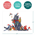 Load image into Gallery viewer, The cover of Tree-Free’s Cat Bird Christmas card with lines demonstrating its 5x7 dimensions, along with the following text: “100% PCW recycled paper, proudly made in the USA, sustainably printed on extra-thick card stock”