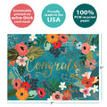 Load image into Gallery viewer, The cover of Tree-Free’s Congrats Flowers Vibrant card with lines demonstrating its 5x7 dimensions, along with the following text: “100% PCW recycled paper, proudly made in the USA, sustainably printed on extra-thick card stock”