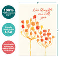 Load image into Gallery viewer, The cover of Tree-Free’s Sympathy Flowers card with lines demonstrating its 5x7 dimensions, along with the following text: “100% PCW recycled paper, proudly made in the USA, sustainably printed on extra-thick card stock”