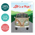 Load image into Gallery viewer, The cover of Tree-Free’s Life Trip Hippie Bus card with lines demonstrating its 5x7 dimensions, along with the following text: “100% PCW recycled paper, proudly made in the USA, sustainably printed on extra-thick card stock”