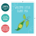 Load image into Gallery viewer, The cover of Tree-Free’s Welcome Sweet Pea card with lines demonstrating its 5x7 dimensions, along with the following text: “100% PCW recycled paper, proudly made in the USA, sustainably printed on extra-thick card stock”